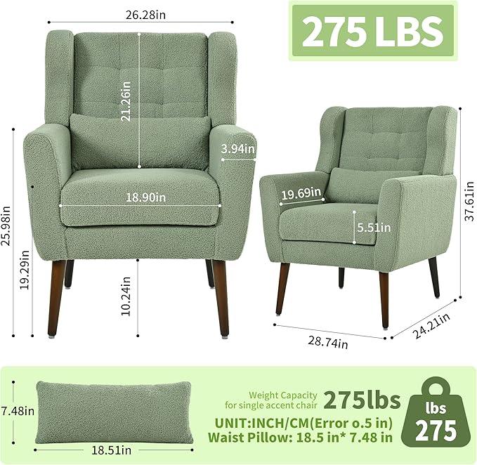 Accent Chair Set of 2, Upholstered Armchair with Pillow, Teddy Single Sofa Chair with Lounge Seat and Wood Legs for Living Room Small Spaces