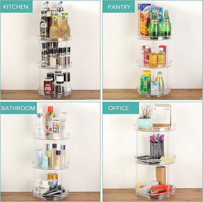 URALFA 3 Tier Bathroom Lazy Susan Organizer, 9 Inch Clear Rotating Makeup Organizer for Vanity, High-Capacity Acrylic Skincare Organizers 360 Rotating Tray for Countertop, Pantry, Kitchen, Cupboard