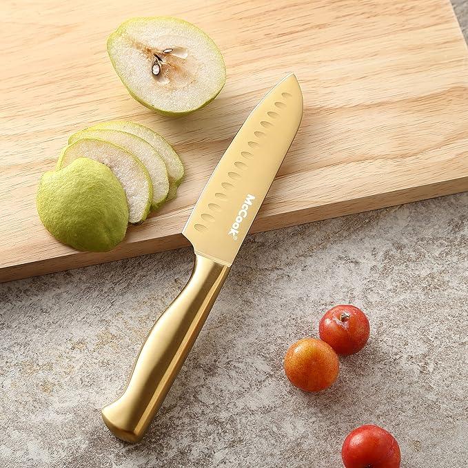 McCook® Kitchen Knife Sets, Golden Titanium Stainless Steel Knives Block Set with Built-in Sharpener