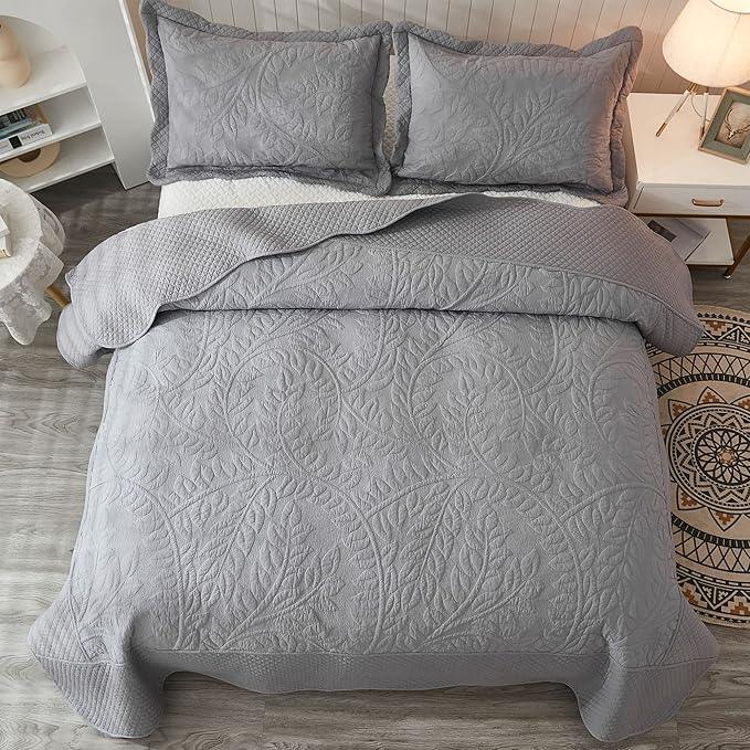 MarCielo 3-Piece 100% Cotton Oversized Bedspread Lightweight Quilt Coverlet Embroidery Farmhouse Bedding Set T0 (Light Grey, Oversized Queen (100