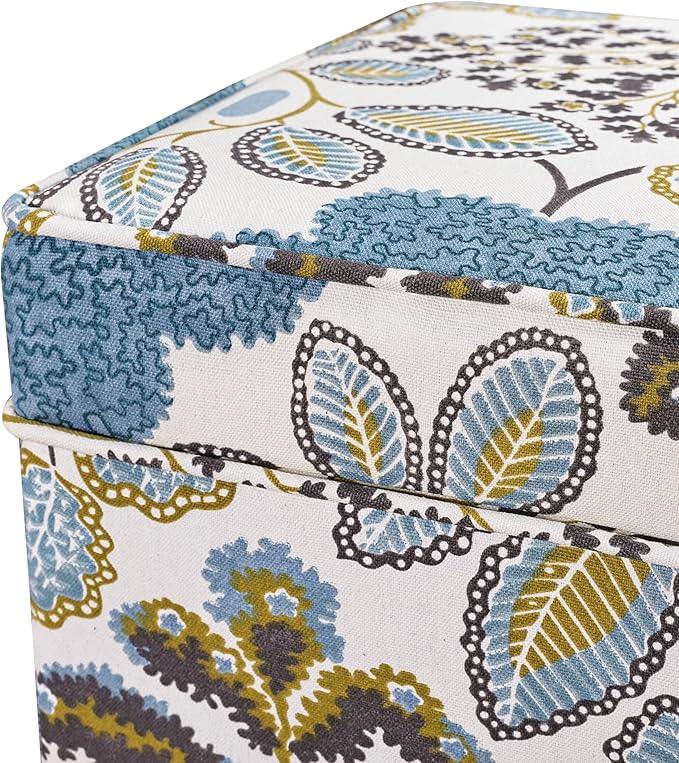 Adeco 18 Inch High Cube Ottoman Storage, Linen Chair Foot Stools, Upholstered Vanity Stool with Hinged Lid, Solid Wood Legs (Blue Leaves)