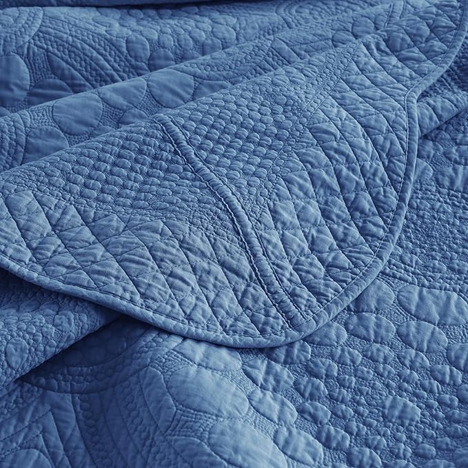 MarCielo 3-Piece 100% Cotton Oversized Bedspread Lightweight Quilt Coverlet Embroidery Farmhouse Bedding Set (Tf Midtone Blue, Oversized Queen (100