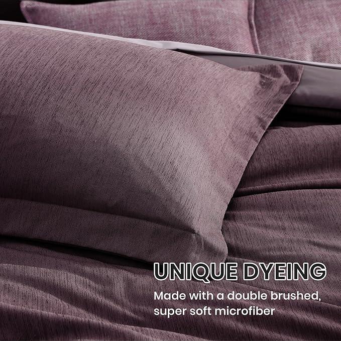 Monbix Queen Comforter Set - 7 Pieces Cationic Dyeing Italian Plum Bed in a Bag Queen Bedding Sets with Comforter, Sheets, Pillowcases & Shams, Reversible Bedding Comforters Sets