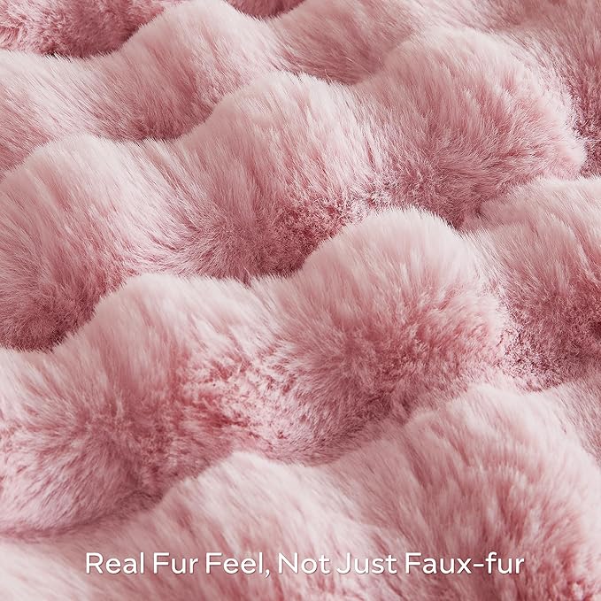 JELLYMONI Faux Fur Throw Blanket, Pink Fuzzy Cozy Plush Bubble Bed Blanket, Thick and Warm King Size (108