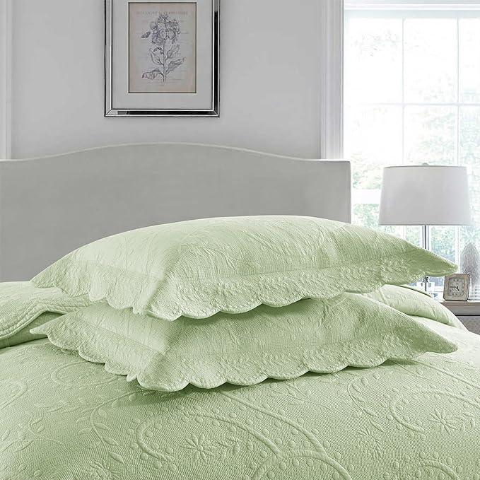 MarCielo 3-Piece 100% Cotton Oversized Bedspread Lightweight Quilt Coverlet Embroidery Farmhouse Bedding Set (TX Pale Green, Oversized King (118