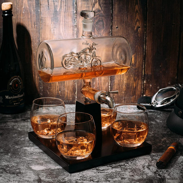 Motorcycle Decanter Whiskey & Wine Decanter Set 1100ml by The Wine Savant with 4 Whiskey Glasses, Motorcycle Gifts, Harley Davidson Motorbike Gifts, Drink Dispenser for Wine, Scotch, Bourbon 19
