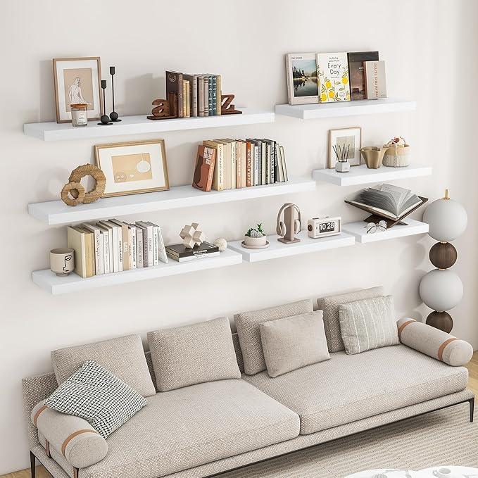 RICHFOCUS 24Inch Floating Shelves for Wall 2 Pack Shelves for Bedroom|Kitchen|Bathroom Wall Mounted Rustic Wood Floating Shelf with Invisible Brackets for Books|Storage|Decor, White