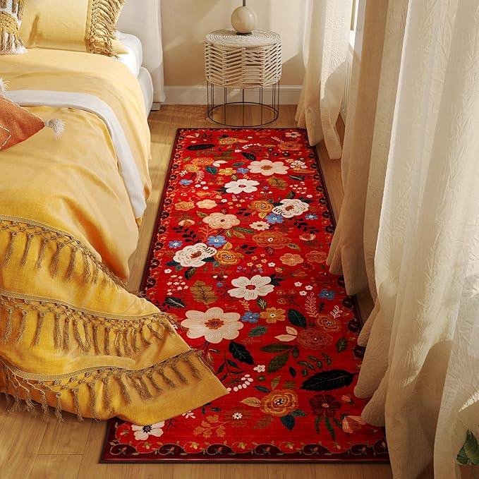 Runner Rug for Hallways Kitchen Rug Non Slip 2'6''x8' Washable Runner Rugs with Rubber Backing Soft Floral Carpet Runner for Hallways, Kitchen, Laundry, Bedroom, Bathroom(Red)