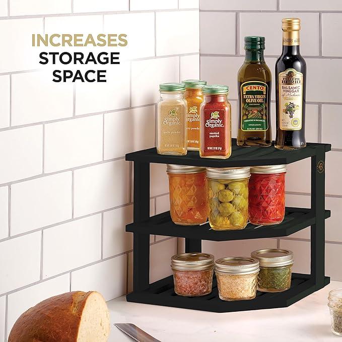 Cabinet Organizer Shelf - Bamboo Corner Rack for Kitchen Counter, Cabinet Space Saver for Plates, Dishes, Bowls, Bread Pantry, Bathroom Storage or Countertop Stand, Black