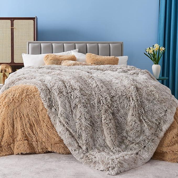 GONAAP Fuzzy Faux Fur Throw Blanket Queen Size Frosty Grey Super Soft Cozy Plush Fuzzy Shaggy Blanket for Couch Sofa Bed (Frosty Grey, Queen(90