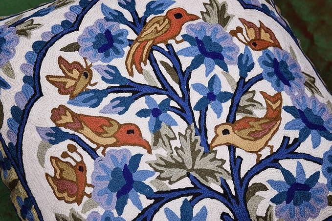Blue Tree of Life Pillow Cover Blues Birds Floral Decorative Pillowcase Flower Outdoor Suzani Cushion Needlepoint Hand Embroidered Wool Size - 18x18