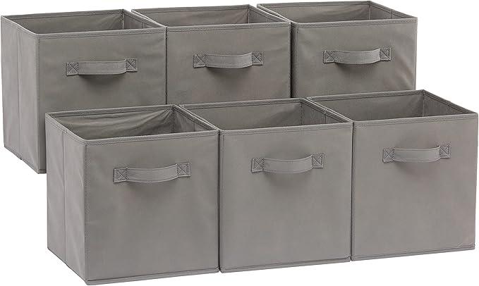 Amazon Basics Collapsible Fabric Storage Cubes Organizer with Handles, Sturdy, Gray, 10.5-x-10.5-x-11-inch, Pack of 6