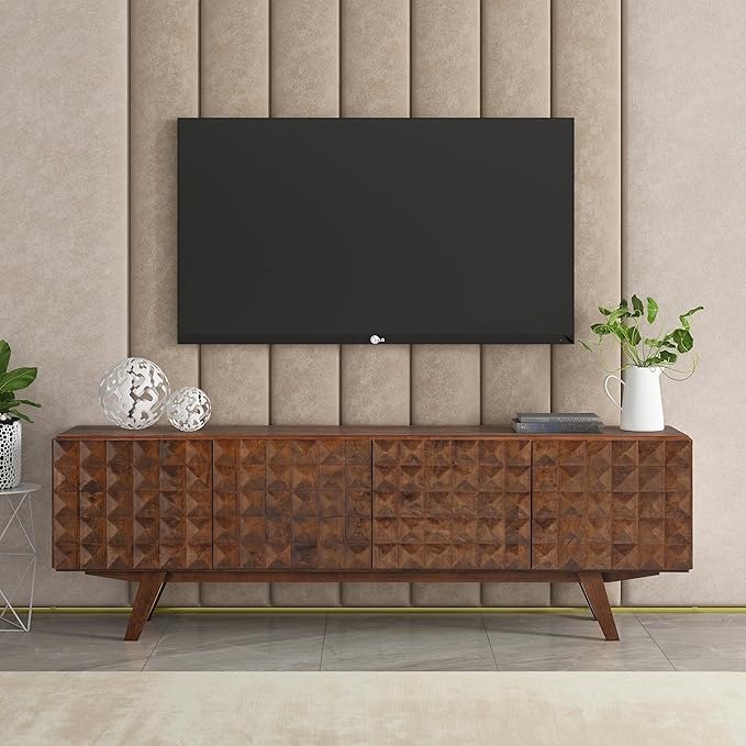 NTC Sapa Mid-Century Modern Solid Wood TV Stand 4-Door Media Console with Carved Geometric Fronts for TVs up to 75