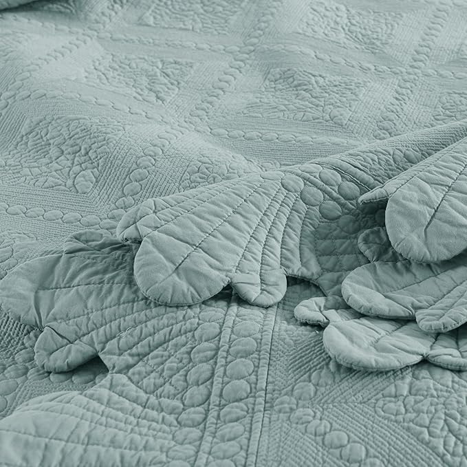 MarCielo 3-Piece 100% Cotton Oversized Bedspread Lightweight Quilt Coverlet Embroidery Farmhouse Bedding Set (Tk Aqua Green, Oversized King (118