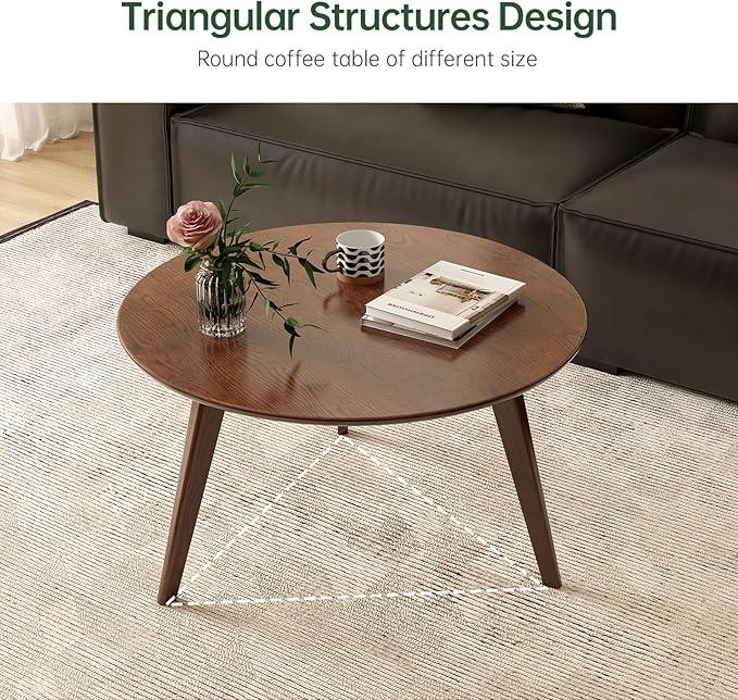 100% Solid Oak Wood Mini Coffee Table, Round Side Table w/Solid Wood Legs, Walnut Mid Century Coffee Table w/Sturdy Frame for Bedroom Balcony Living Room (29.53