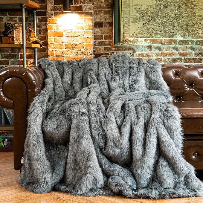 BATTILO HOME Wolf Faux Fur Blanket, Extra Large Fox Fur Throw Blankets for Couch, Bed, Super Soft, Fluffy, Eelegant, Grey with Black Tips Blanket Reversible to Plush Velvet, (Grey, 60