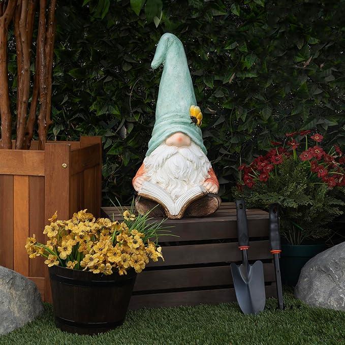 Alpine Corporation MCC844 Indoor/Outdoor Gnome Reading a Book Garden Statue, Charming Gnome Statue with Hat, 20