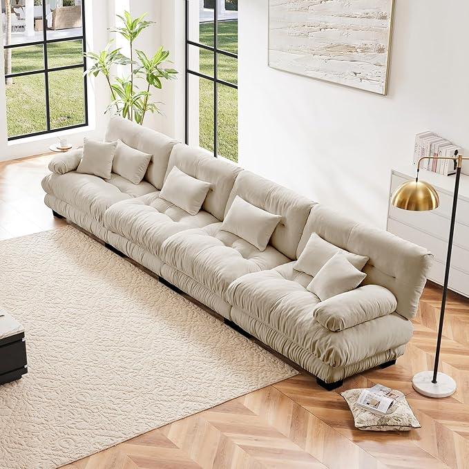 Modular Sectional Sofa Cloud Couch 4-Seater Deep Seat Sofa Couch, Oversized Couch Bed Sectional Couch with Round Bolster Armrests 6 Pillows, Modern Sofa Chair Comfy Couch