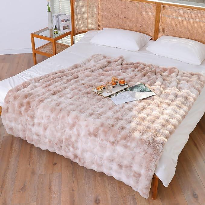 UKELER Camel Large Fluffy Bed Blankets Throws Twin Size, Cozy Shaggy Faux Fur Blanket Soft Plush Thick Throw Blanket for Bed, Couch, Sofa, Office, Camping 60''x80''