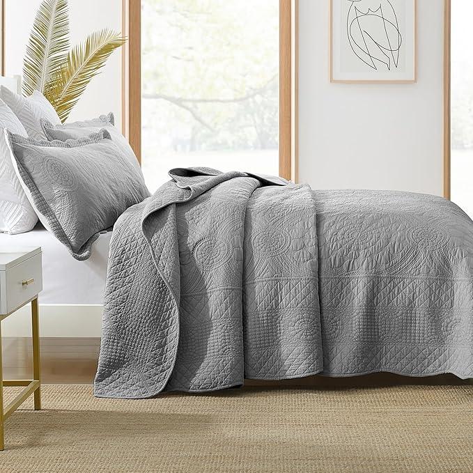 MarCielo 3-Piece 100% Cotton Oversized Bedspread Lightweight Quilt Coverlet Embroidery Farmhouse Bedding Set (Tf Light Grey, Oversized Queen (100