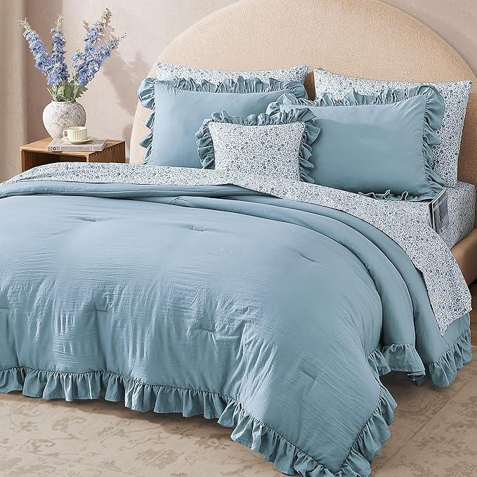 Full Comforter Set - 7 Pieces Ruffle Blue Bedding Sets, Shabby Chic Farmhouse Bed in a Bag Full with Ruffle Comforter, Floral Sheets, Pillowcases & Shams