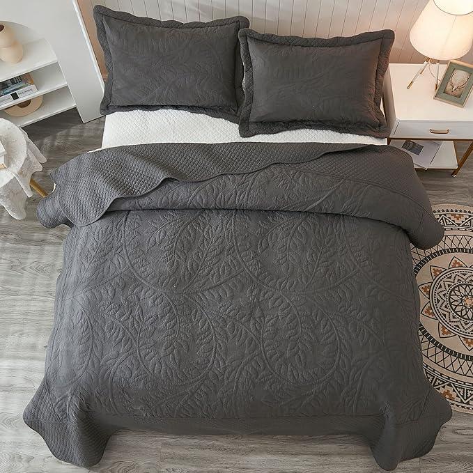 MarCielo 3-Piece 100% Cotton Oversized Bedspread Lightweight Quilt Coverlet Embroidery Farmhouse Bedding Set T0 (Dark Grey, Oversized King (118