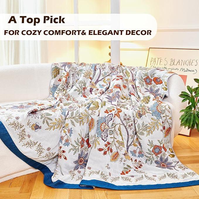 Boho Throw Blanket, 100% Organic Cotton Breathable Ultra Soft Bed Quilt Throw - All Season Floral Bird Butterfly Farmhouse Decor Blanket for Sofa Couch Chair and Gift. 60