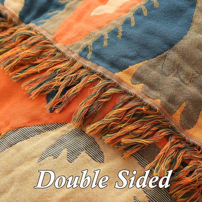 Snycler Boho Throw Blanket for Bed, 100% Organic Cotton Muslin Soft Throw-Orange Boho Floral Farmhouse Rustic Spring Summer Fall Decor Blanket for Couch Sofa Quilt and Gift, 80