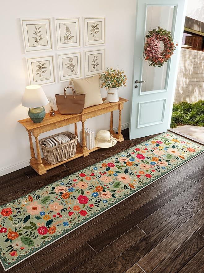 Runners for Hallways Kitchen Runner Rug Non Slip 2'x 10' Long Washable Rugs with Rubber Backing Soft Floral Carpet Runner for Hallways, Kitchen, Laundry, Bedroom, Bathroom(Green)