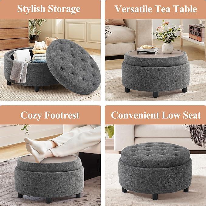 COLAMY Fabric Round Storage Ottoman with Reversible Tray Lid – Multi-Functional Footrest, Hidden Storage, Sturdy & Stylish Small Coffee Table for Living Room, Bedroom, or Entryway(Dark Grey)
