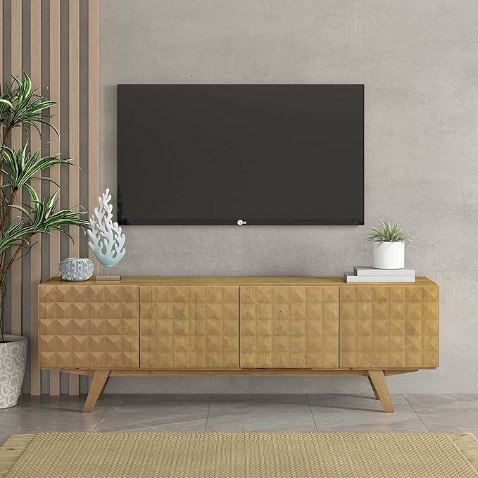 NTC Sapa Mid-Century Modern Solid Wood TV Stand 4-Door Media Console with Carved Geometric Fronts for TVs up to 75