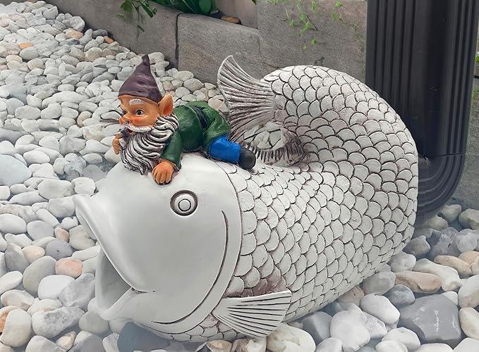 Gnome Fish Sculpture, Garden Animal Statue & Outdoor Decor, Eco-Friendly Resin Gutter Diverter Rain, Decorative Gutter Extension Downspout, Splash Block, Perfect for 3