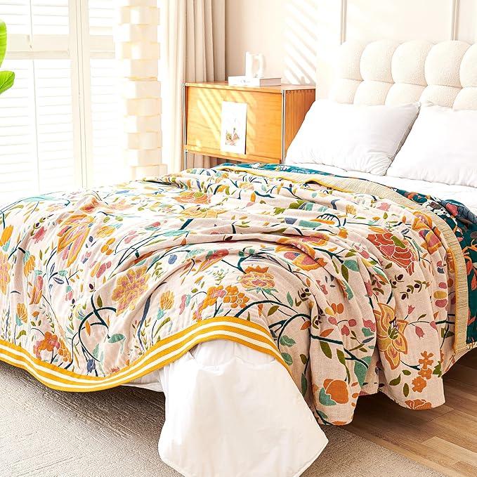 Boho Throw Blanket, 100% Organic Cotton Breathable Ultra Soft 80