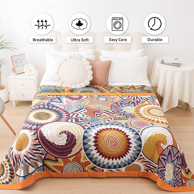 Boho Throw Blanket, 100% Organic Muslin Cotton Breathable Ultra Soft Bed Quilt Throw - All Season Floral Bird Butterfly Farmhouse Decor Blanket for Sofa Couch Chair and Gift. 50