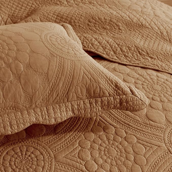 MarCielo 3-Piece 100% Cotton Oversized Bedspread Lightweight Quilt Coverlet Embroidery Farmhouse Bedding Set (Tf Dusty Orange, Oversized Queen (100
