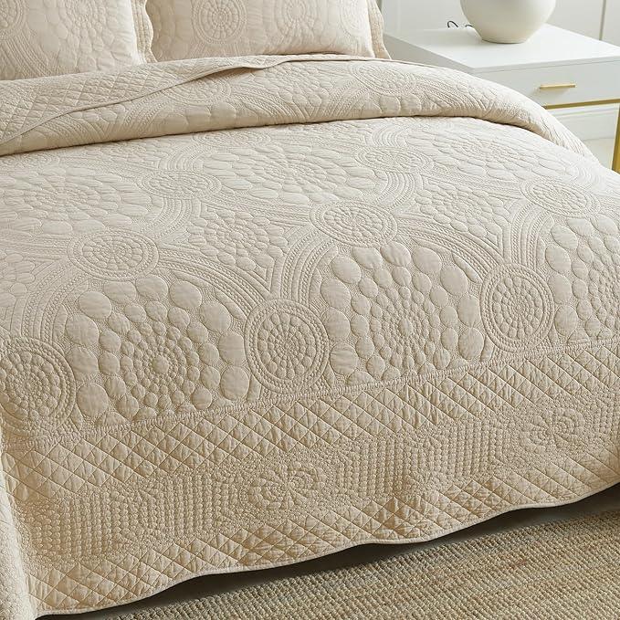 MarCielo 3-Piece 100% Cotton Oversized Bedspread Lightweight Quilt Coverlet Embroidery Farmhouse Bedding (Tf Khaki Beige, Oversized King (118