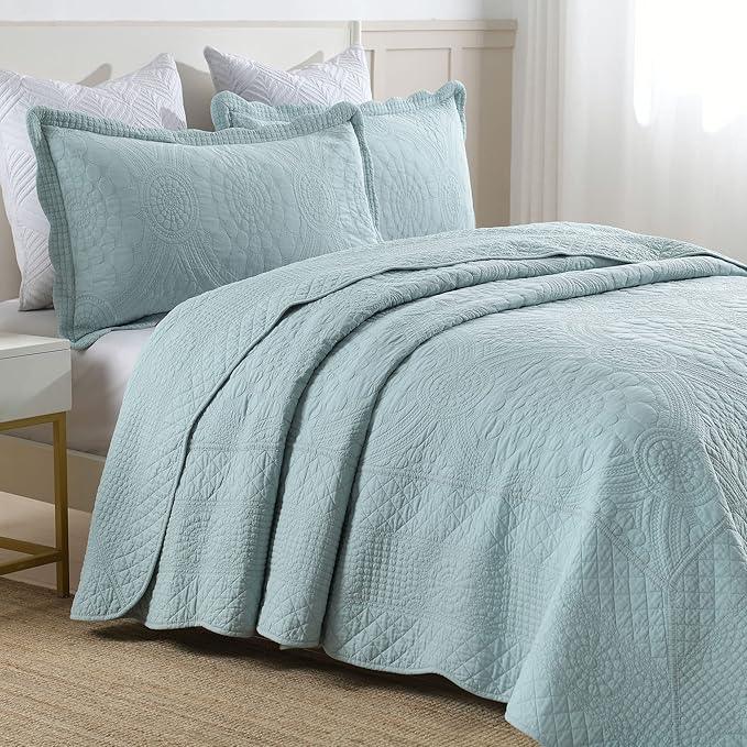 MarCielo 3-Piece 100% Cotton Oversized Bedspread Lightweight Quilt Coverlet Embroidery Farmhouse Bedding (Tf Aruba Blue, Oversized King (118