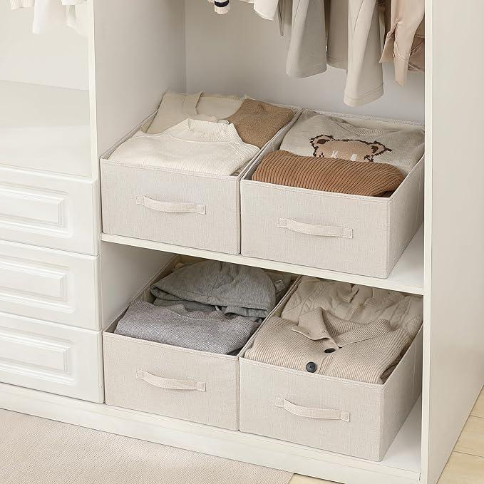 Linen Folding Storage Bins, 3 Pack Large Storage Baskets, Washable, Clothing Storage Bins with Handle, Closet Organizer for Storage Sweater,Sheets(Beige, 18½