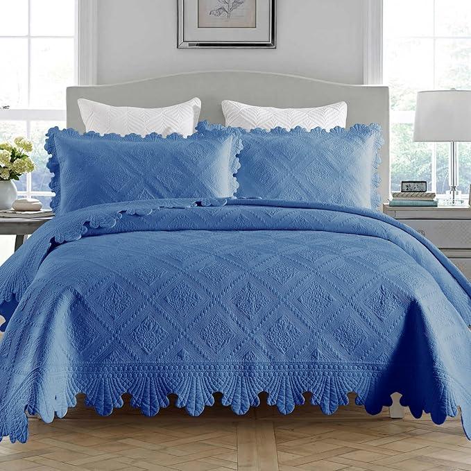 MarCielo 3-Piece 100% Cotton Oversized Bedspread Lightweight Quilt Coverlet Embroidery Farmhouse Bedding Set (Tk Midtone Blue, Oversized King (118