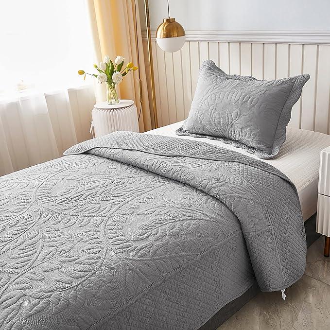 MarCielo 3-Piece 100% Cotton Oversized Bedspread Lightweight Quilt Coverlet Embroidery Farmhouse Bedding Set T0 (Light Grey, Twin (68