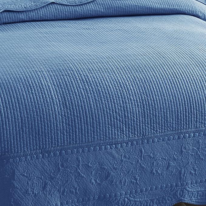 MarCielo 3-Piece 100% Cotton Oversized Bedspread Lightweight Quilt Coverlet Embroidery Farmhouse Bedding Set (TG Midtone Blue, Oversized Queen (100