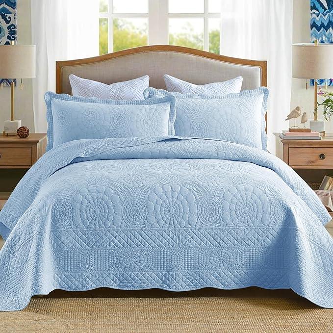MarCielo 3-Piece 100% Cotton Oversized Bedspread Lightweight Quilt Coverlet Embroidery Farmhouse Bedding Set (Tf Light Blue, Oversized Queen (100