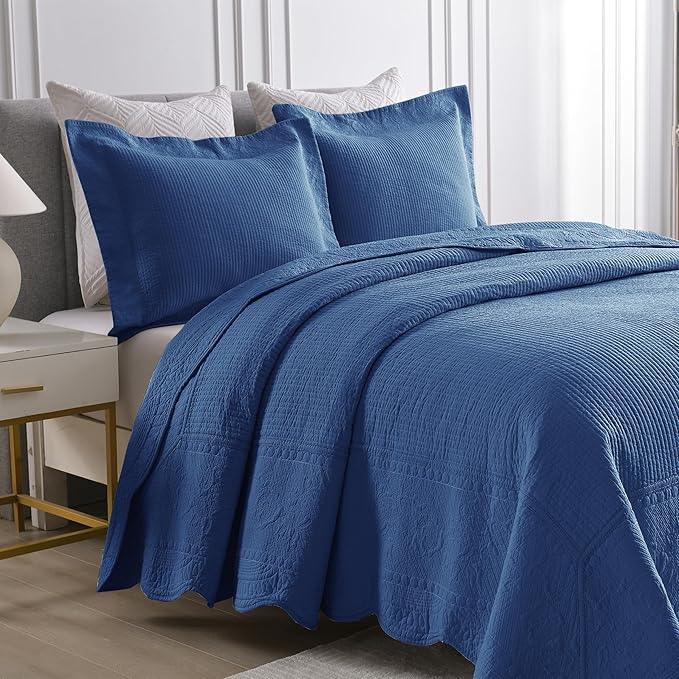 MarCielo 3-Piece 100% Cotton Oversized Bedspread Lightweight Quilt Coverlet Embroidery Farmhouse Bedding Set (TG Midtone Blue, Oversized King (118