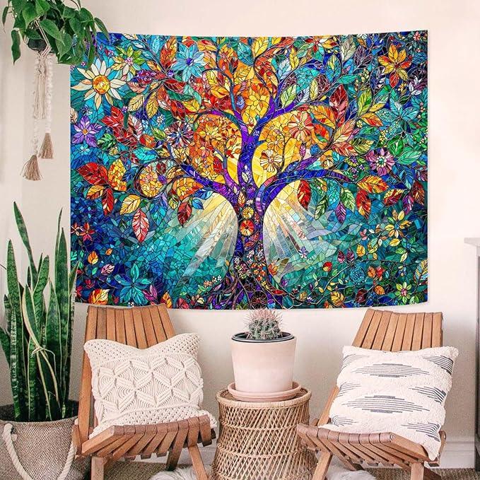 Lunerfex Tree of Life Tapestry Stained Glass Tapestry Wall Decor Tapestries for Bedroom Art Tapestries Wall Hanging for Bedroom Living Room Glass-Tree-02 60