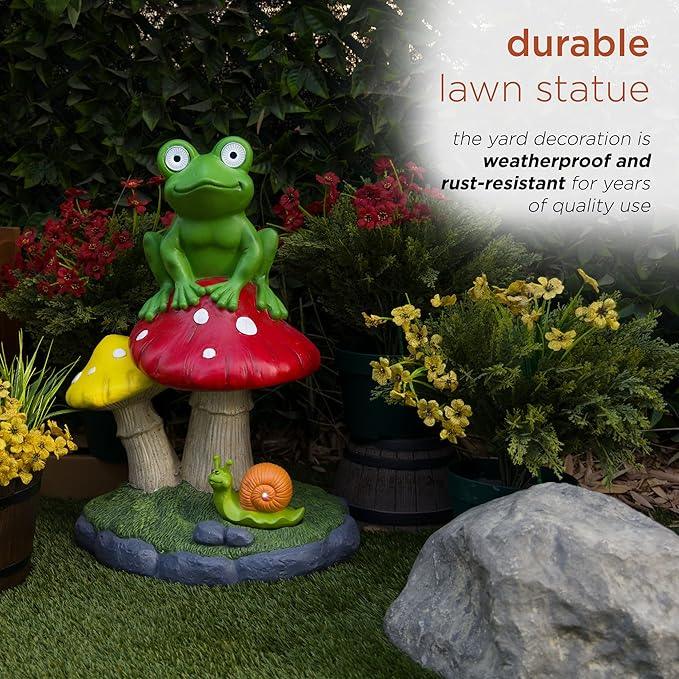 Alpine Corporation ZEN390SLR-L Frog on Mushroom Statue with LED Lights, Solar-Powered LED Frog Garden Statue, 24