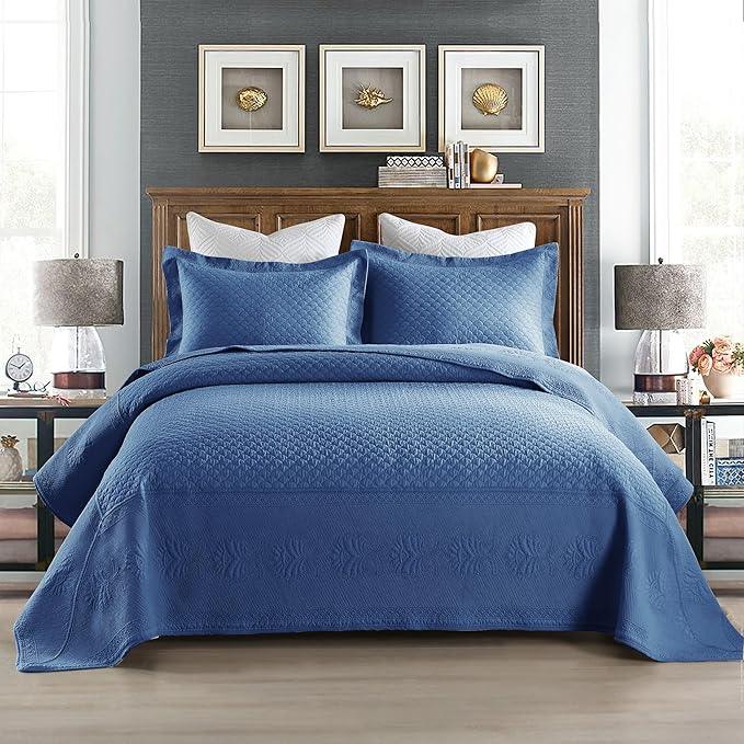MarCielo 3-Piece 100% Cotton Oversized Bedspread Lightweight Quilt Coverlet Embroidery Farmhouse Bedding Set (TM Midtone Blue, Oversized King (118