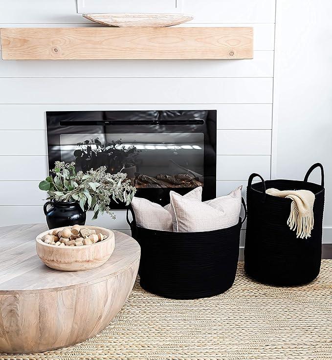 OrganiHaus Large Laundry Basket, Woven Cotton Rope Basket for Blankets, Toy Storage, Nursery Hamper, Living Room Decor Organizer, Soft & Durable Hamper with Handles, 20x13 inches - Black