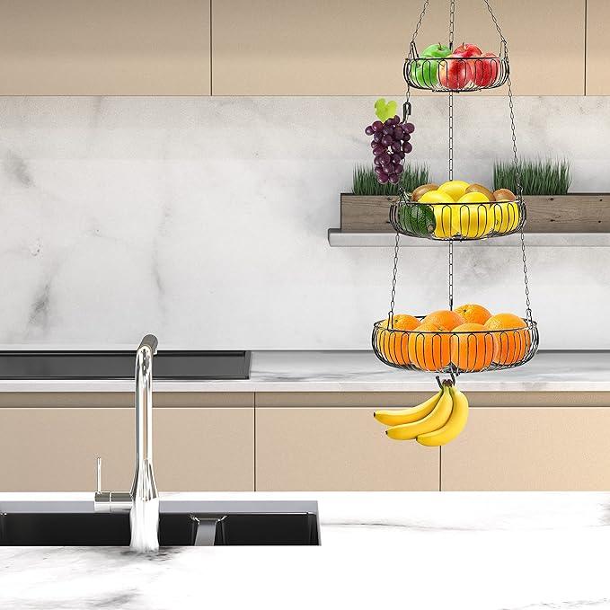 Simple Houseware Adjustable Metal Hanging Fruit Basket, Oblate, Black, 11