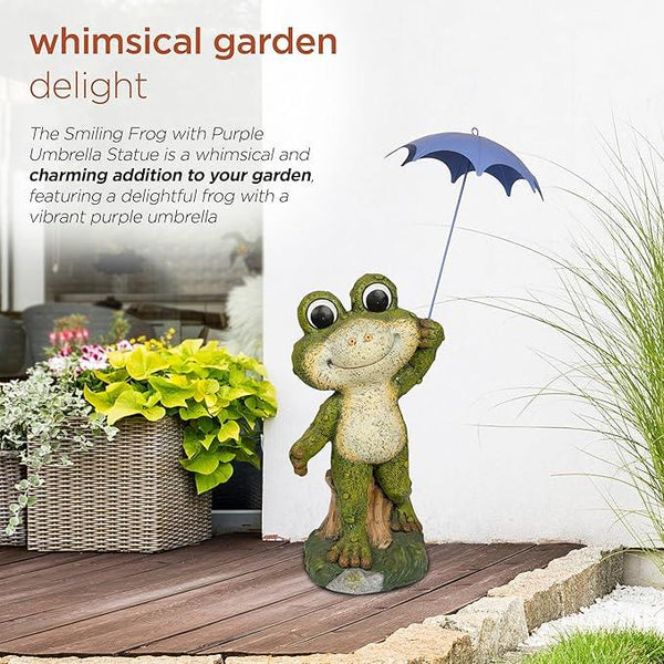 Alpine Corporation QWR1002 Indoor/Outdoor Smiling Frog with Purple Umbrella Garden Statue, Playful Frog Statue, 27