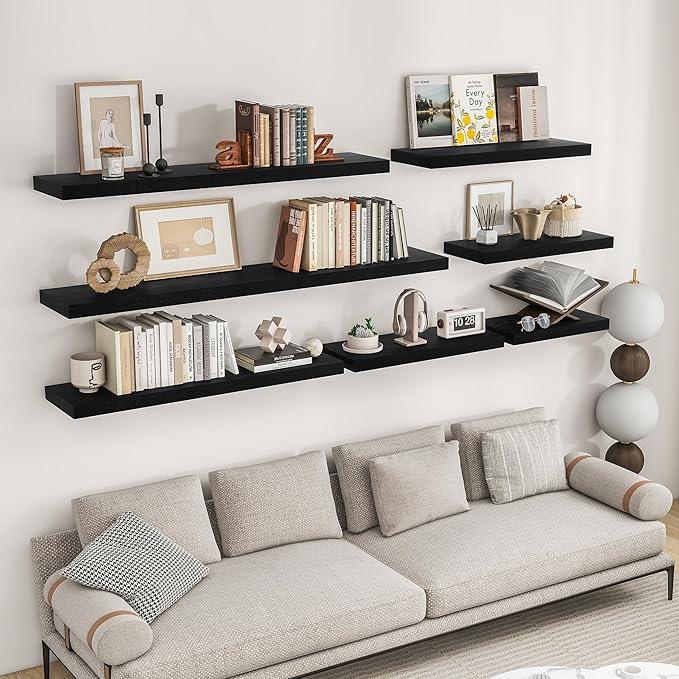 RICHFOCUS 24Inch Floating Shelves for Wall 2 Pack Shelves for Bedroom|Kitchen|Bathroom Wall Mounted Rustic Wood Floating Shelf with Invisible Brackets for Books|Storage|Decor, Black